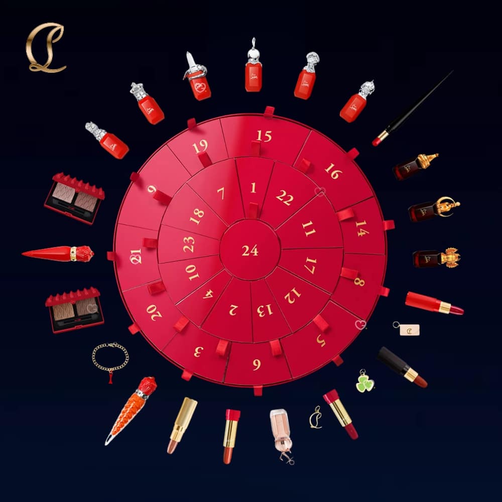 contenu complet coffret luxe beauté rouge calendrier de l'avent louboutin 2024 maquillage, parfums, accessoires luxueux
