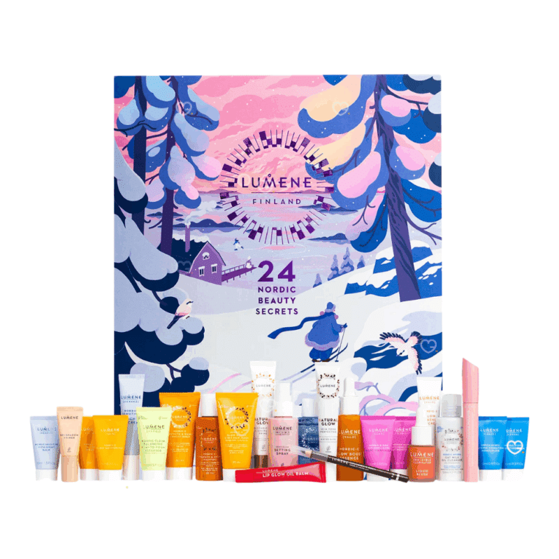 Calendrier de l’Avent Lumene 2025 avec 24 produits de beauté nordiques dont soins visage, capillaires et maquillage pour femmes urbaines.