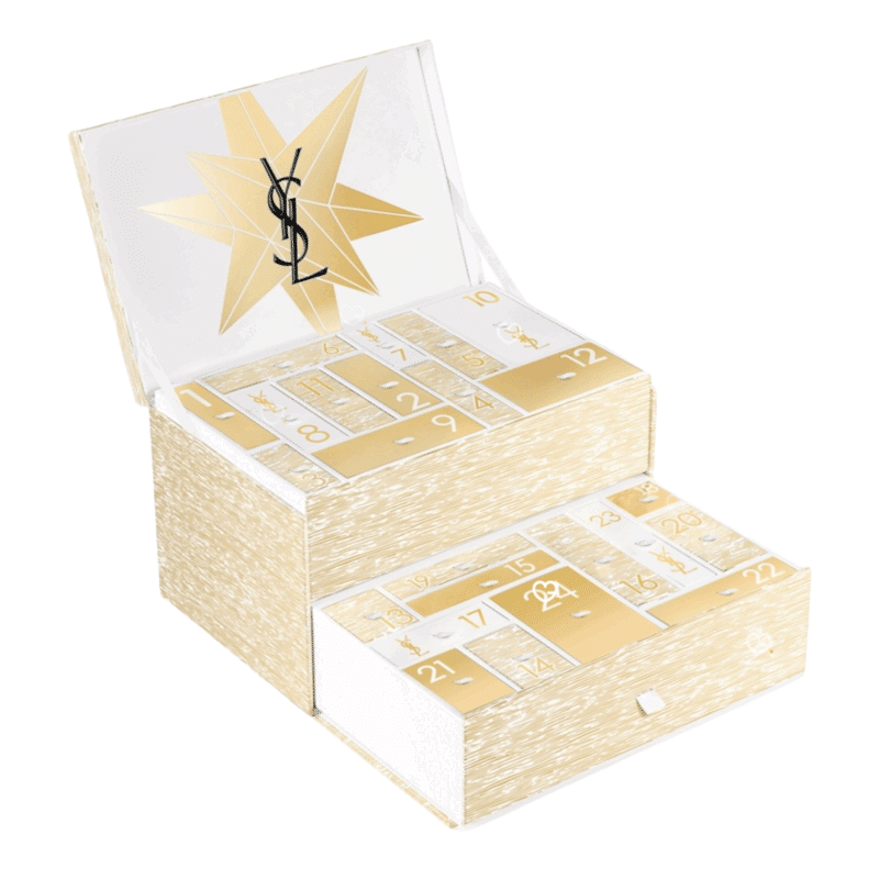 contenu Calendrier de l’Avent YSL Beauty 2025 en édition limitée, coffret luxe doré avec 24 miniatures maquillage, soins visage et parfums pour femme