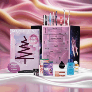 Calendrier de l'Avent beauté Maybelline edition 2025 avec 24 produits de maquillage Maybelline : rouge à lèvres, du mascara, du vernis, makeup..