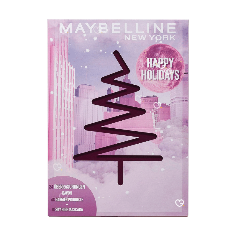 Calendrier de l'Avent beauté Maybelline edition 2025 avec 24 produits de maquillage Maybelline : rouge à lèvres, du mascara, du vernis, makeup..