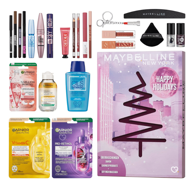Calendrier de l'Avent beauté Maybelline edition 2025 avec 24 produits de maquillage Maybelline : rouge à lèvres, du mascara, du vernis, makeup..