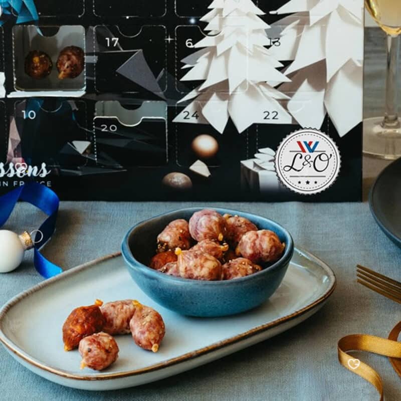 calendrier de l'avent saucisson 2024 avec 48 mini saucissons de 12 saveurs de la Maison bayle