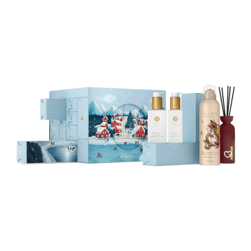 Calendrier de l’Avent Rituals Deluxe 2025 élégant, coffret doré renfermant 24 soins corps, cheveux, parfums d’intérieur et accessoires premium.