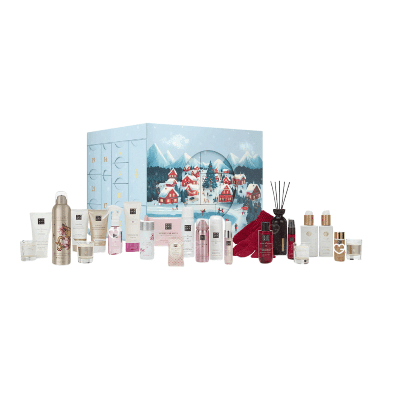 Calendrier de l’Avent Rituals Deluxe 2025 élégant, coffret doré renfermant 24 soins corps, cheveux, parfums d’intérieur et accessoires premium.