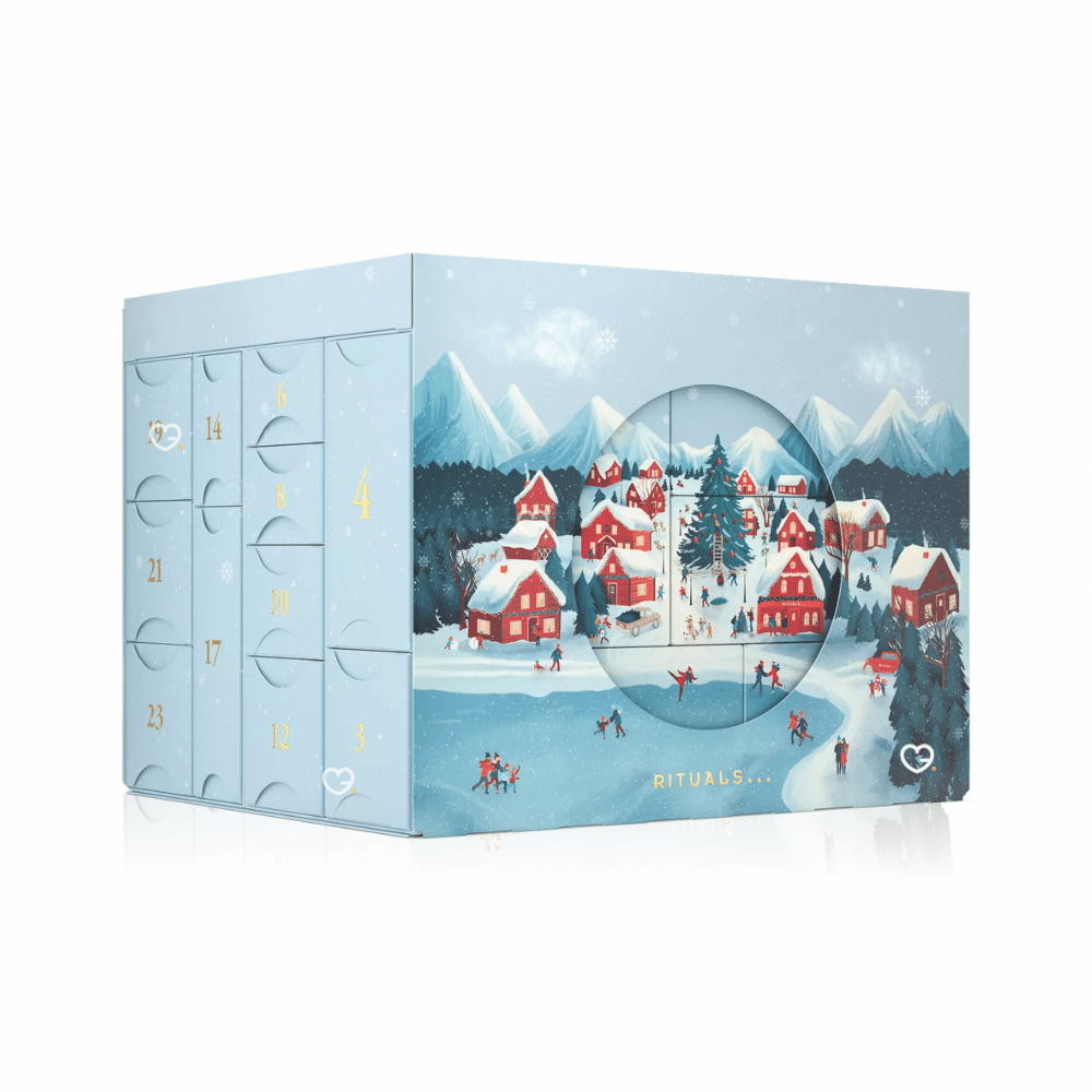 Calendrier de l’Avent Rituals Deluxe 2025 élégant, coffret doré renfermant 24 soins corps, cheveux, parfums d’intérieur et accessoires premium.