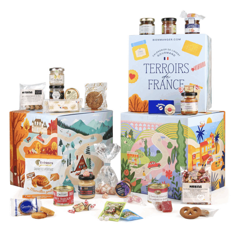 Calendrier de l’Avent Terroirs de France 2025 en cube festif, offrant 24 spécialités sucrées et salées régionales pour amateurs de gastronomie.