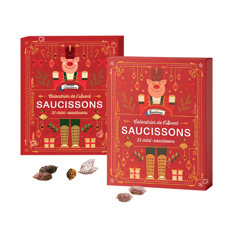 Calendrier de l’Avent Saucisson 2025 avec 32 mini saucisson de 10 saveurs artisanales variées, idée cadeau festive pour adulte et couple gourmand.
