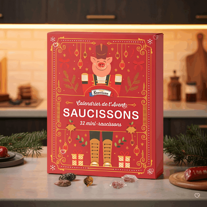 Calendrier de l’Avent Saucisson 2025 avec 32 mini saucisson de 10 saveurs artisanales variées, idée cadeau festive pour adulte et couple gourmand.