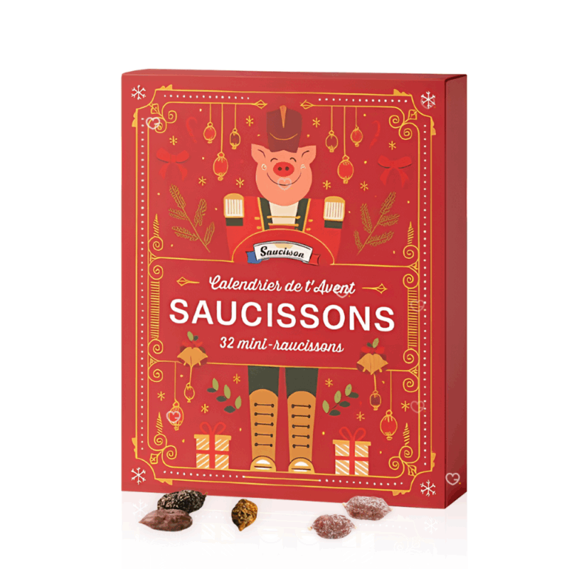 Calendrier de l’Avent Saucisson 2025 avec 32 mini saucisson de 10 saveurs artisanales variées, idée cadeau festive pour adulte et couple gourmand.