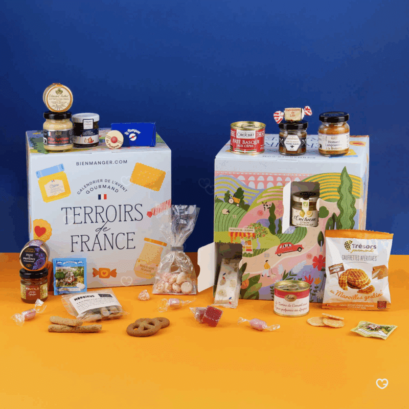Calendrier de l’Avent Terroirs de France 2025 en cube festif, offrant 24 spécialités sucrées et salées régionales pour amateurs de gastronomie.