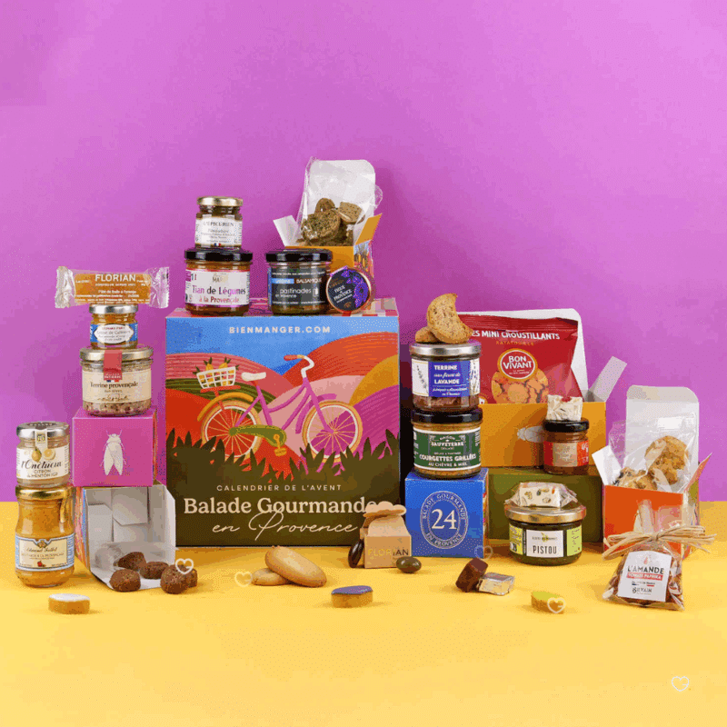 Calendrier de l’Avent Gourmand Balade gourmande en Provence 2025 avec 24 spécialités sucrées et salées artisanales, idéal cadeau raffiné pour homme, femme et couple amateurs de gourmandises.