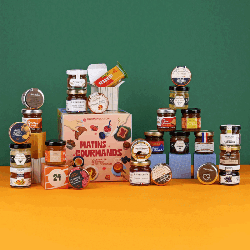 Calendrier de l’Avent gourmand 2025 Petit Déjeuner avec 25 gourmandises à tartiner variées, confitures, miels et pâtes à tartiner pour adultes, couples gourmands.