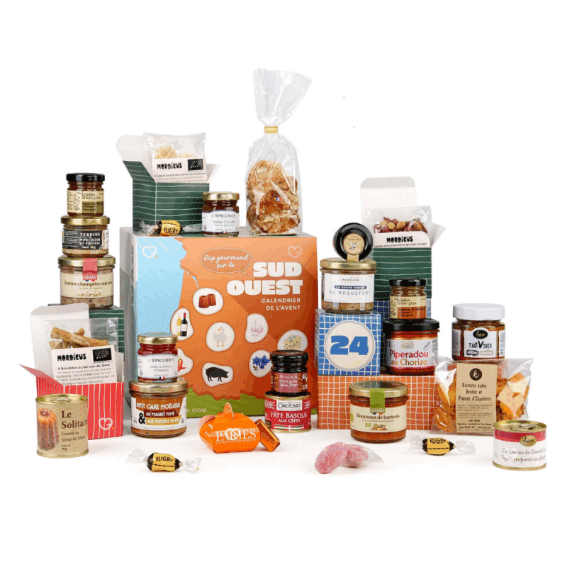 Calendrier de l’Avent gourmand 2025 avec 24 spécialités salées et sucrées du Sud-Ouest, idéal pour homme , femme ou famille amateur de gastronomie régionale.