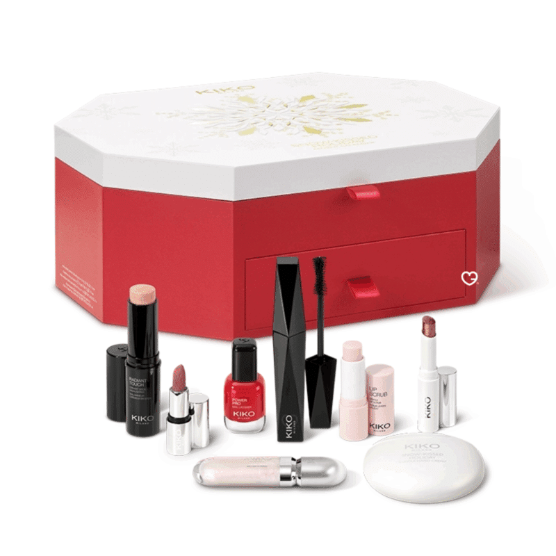 Calendrier de l’Avent Kiko 2025 avec 24 produits beauté dont maquillage, soins, accessoires et parfum solide, pensé pour femmes passionnées de cosmétiques.