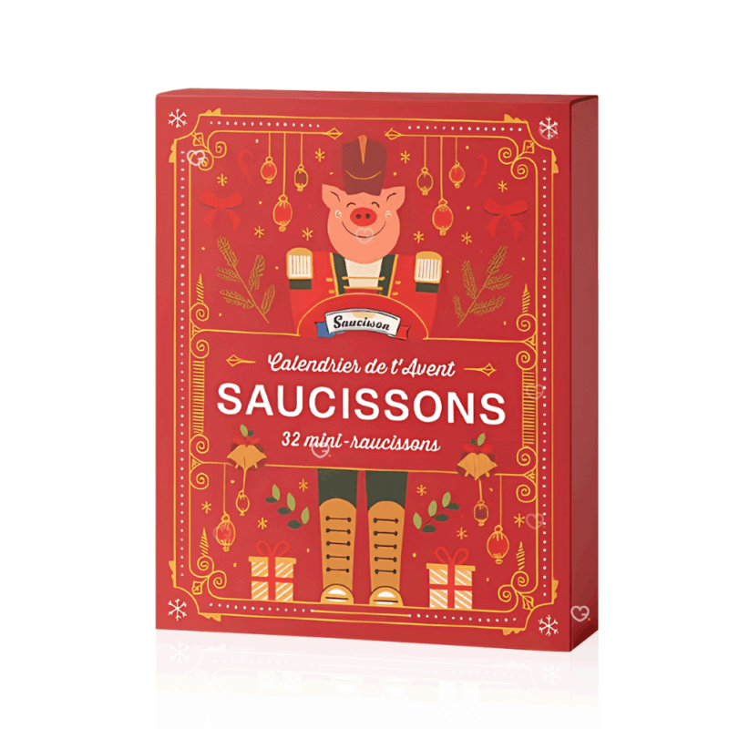 Calendrier de l’Avent Saucisson 2025 avec 32 mini saucisson de 10 saveurs artisanales variées, idée cadeau festive pour adulte et couple gourmand.