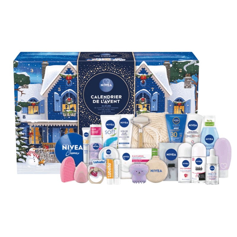 Calendrier de l’Avent Nivea 2025 avec 24 surprises beauté, soins visage, corps et lèvres, accessoires cocooning pour femmes.