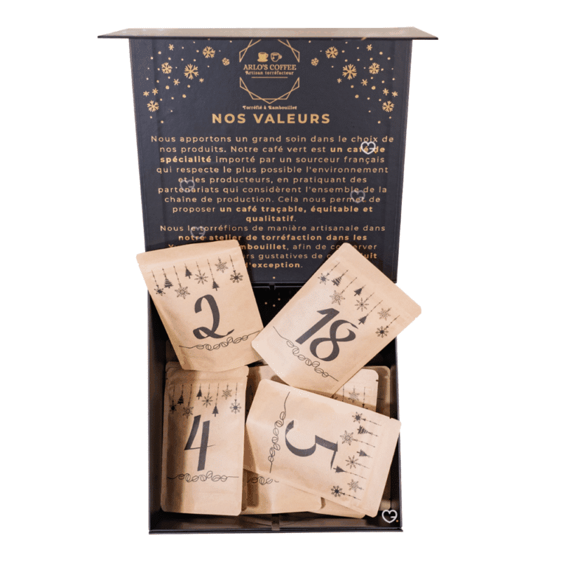 Calendrier de l’Avent Café Artisanal 2025 Arlo's Coffee avec 24 sachets de cafés 100 % Arabica torréfiés en France, idéal pour amateur de cafés.