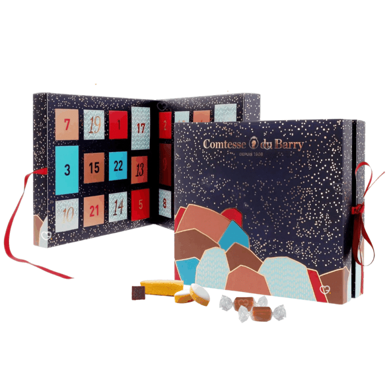 Coffret gourmand chocolat Calendrier de l’Avent Comtesse du Barry 2025 contenant 24 douceurs artisanales : chocolats fins, nougats, calissons, truffes et caramels pour gourmands homme ou femme