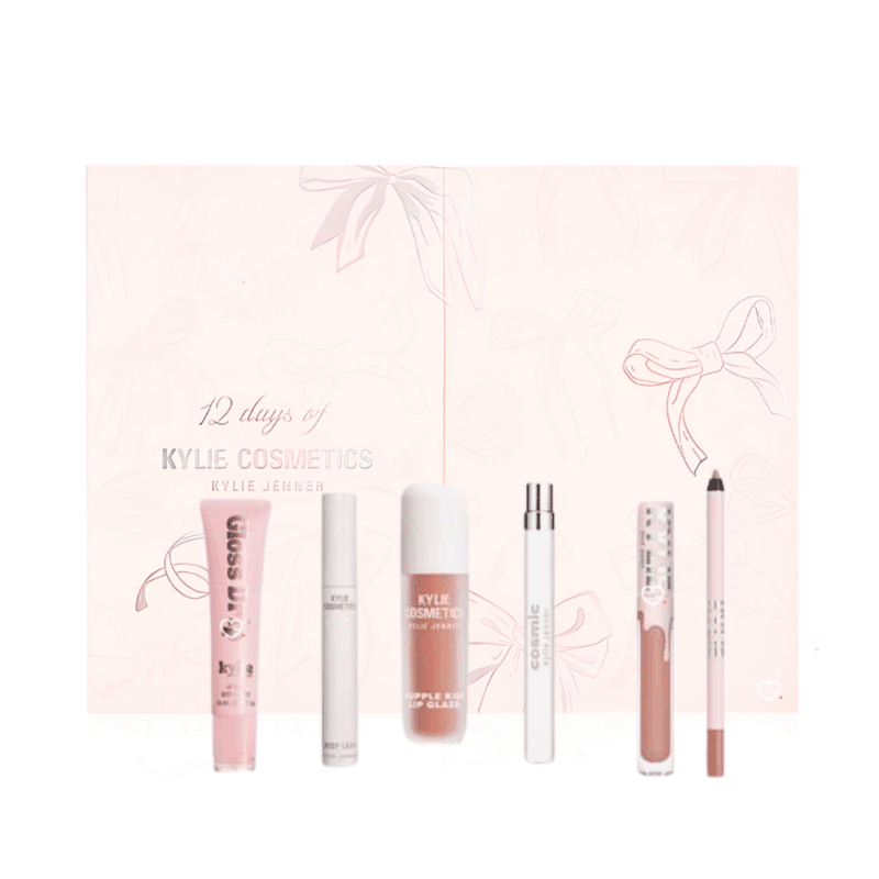 coffret maquillage rose calendrier de l'avent kylie cosmetics 2025 contenant 12 produits et accessoires makeup