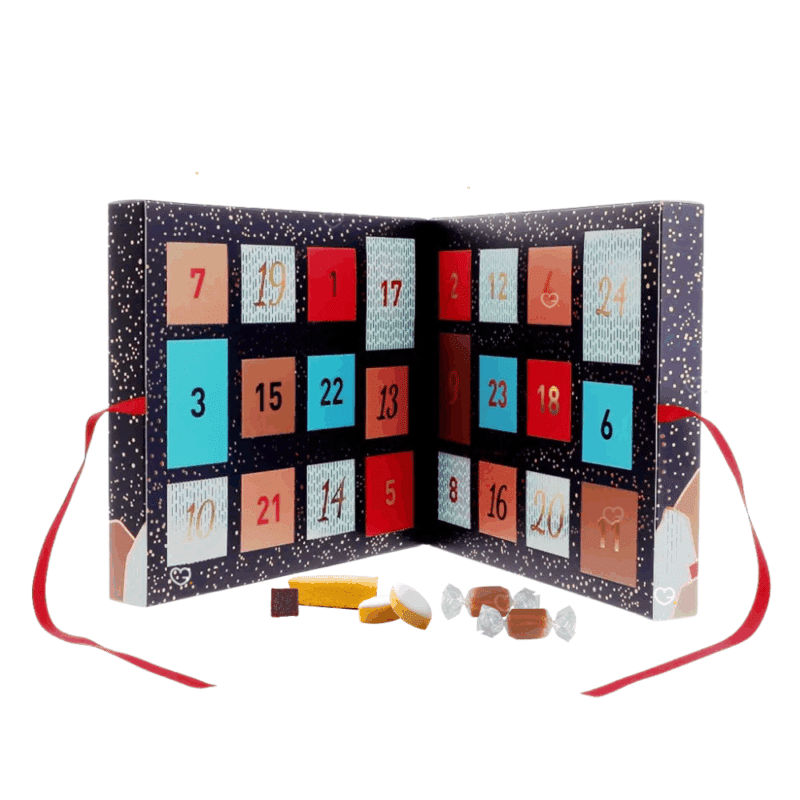 Coffret gourmand chocolat Calendrier de l’Avent Comtesse du Barry 2025 contenant 24 douceurs artisanales : chocolats fins, nougats, calissons, truffes et caramels pour gourmands homme ou femme