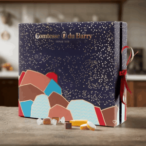 Coffret gourmand chocolat Calendrier de l’Avent Comtesse du Barry 2025 contenant 24 douceurs artisanales : chocolats fins, nougats, calissons, truffes et caramels pour gourmands homme ou femme