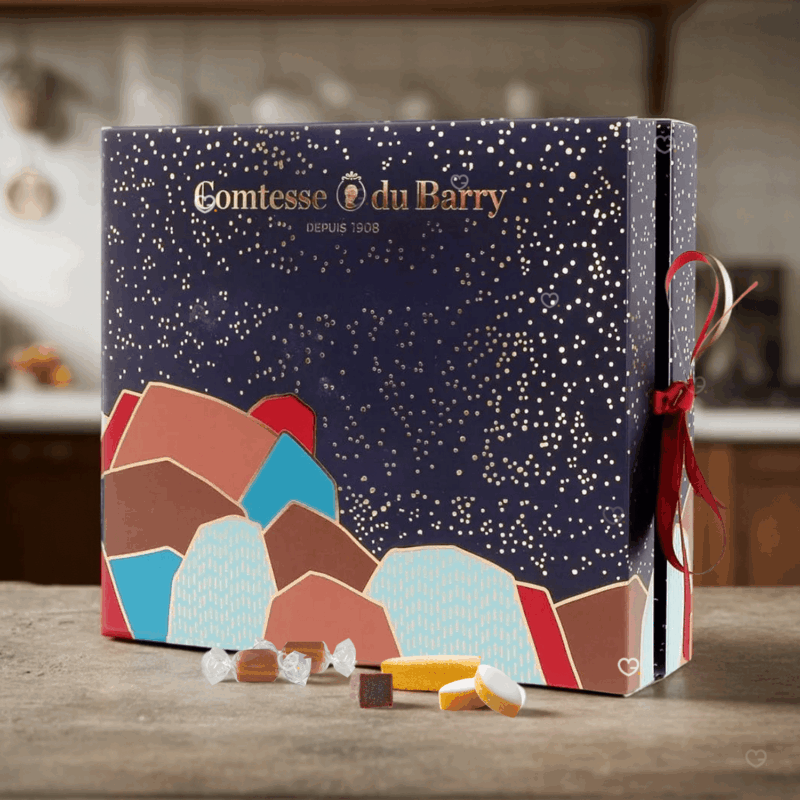 Coffret gourmand chocolat Calendrier de l’Avent Comtesse du Barry 2025 contenant 24 douceurs artisanales : chocolats fins, nougats, calissons, truffes et caramels pour gourmands homme ou femme