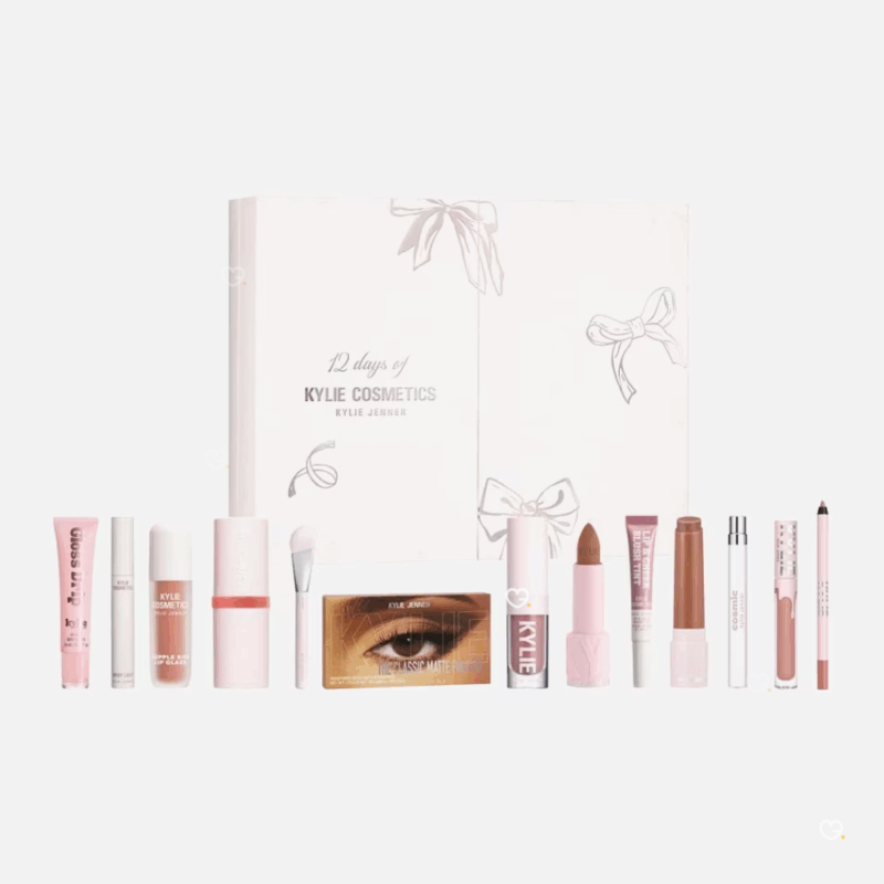 coffret maquillage rose calendrier de l'avent kylie cosmetics 2025 contenant 12 produits et accessoires makeup