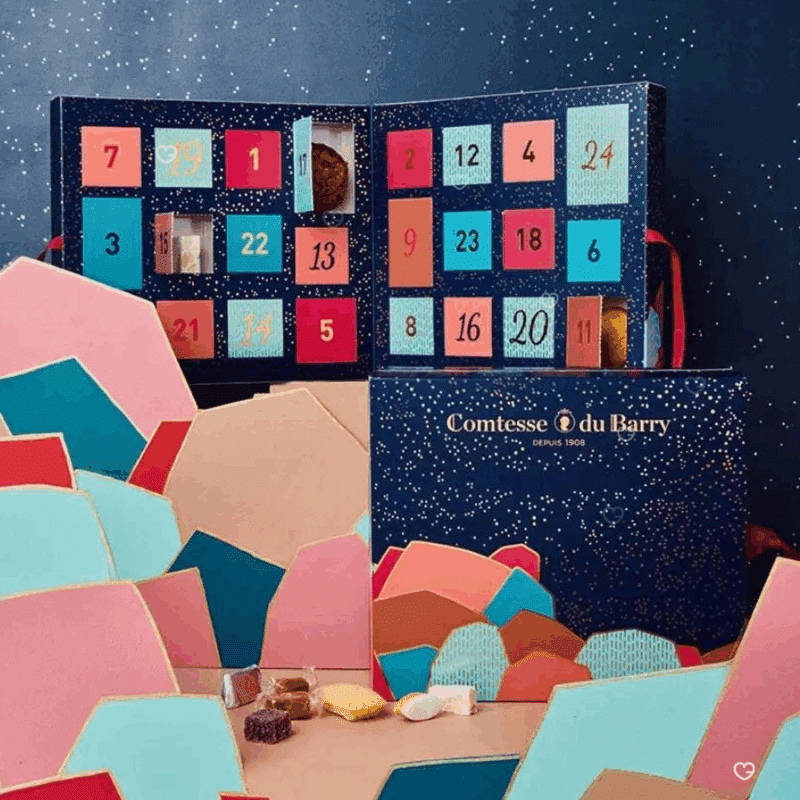 Coffret gourmand chocolat Calendrier de l’Avent Comtesse du Barry 2025 contenant 24 douceurs artisanales : chocolats fins, nougats, calissons, truffes et caramels pour gourmands homme ou femme