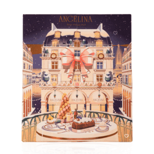 Calendrier de l’Avent Angelina 2025 raffiné, révélant 24 douceurs chocolatées et pralinées pour gourmets amoureux du luxe parisien.