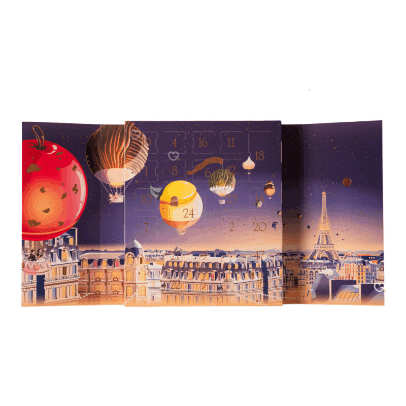 Calendrier de l’Avent Angelina 2025 raffiné, révélant 24 douceurs chocolatées et pralinées pour gourmets amoureux du luxe parisien.