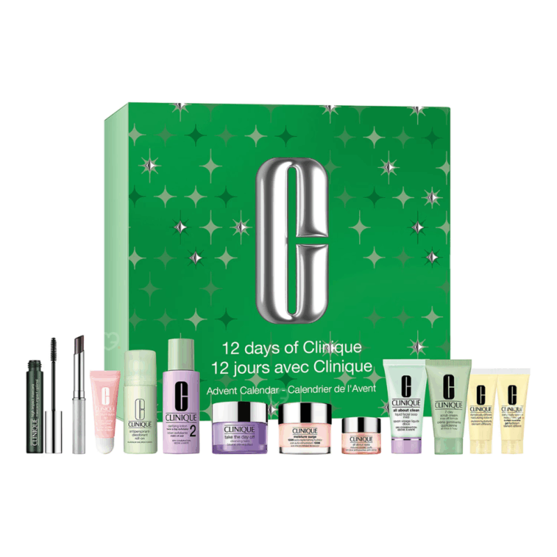 Calendrier de l’Avent Clinique 2025 contenant 12 produits beauté soins visage et maquillage, coffret beauté pour femme
