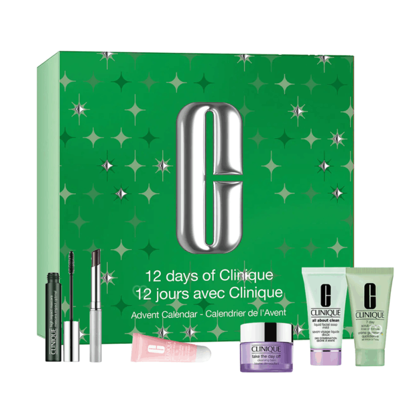 Calendrier de l’Avent Clinique 2025 contenant 12 produits beauté soins visage et maquillage, coffret beauté pour femme