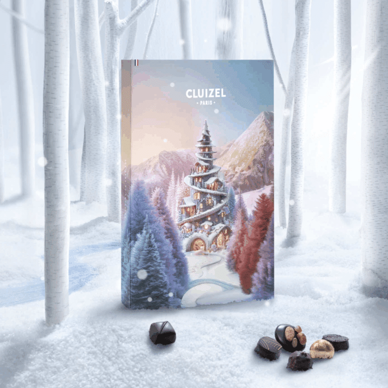 Coffret illustré « Féerie Hivernale » Calendrier de l'avent Cluizel 2025 contenant 24 délicieux chocolats fins, pralinés et ganaches pour gourmand