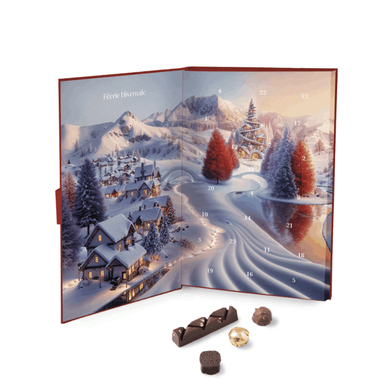Coffret illustré « Féerie Hivernale » Calendrier de l'avent Cluizel 2025 contenant 24 délicieux chocolats fins, pralinés et ganaches pour gourmand