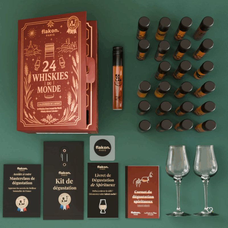 Calendrier de l’Avent whisky Flakon 2025 avec 24 whiskies d’exception, verres, carnet et kit de dégustation pour amateurs exigeants en spiritueux