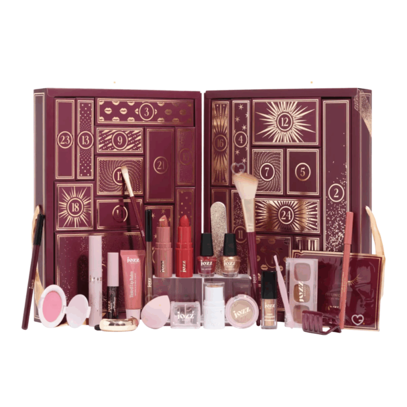 Calendrier de l’Avent Jozz 2025 mixte offrant 24 produits de maquillage et accessoires beauté, coffret pailleté The Christmas Party idéal pour femme et jeune fille aime le makeup