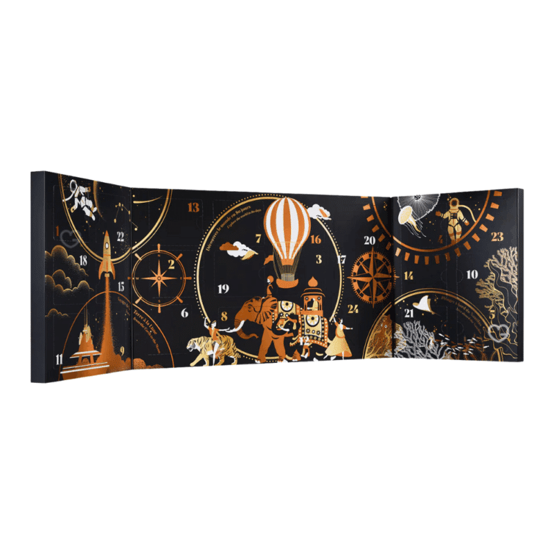 Coffret noir illustré voyage Calendrier de l’Avent Kusmi Tea 2025 avec 24 thés bio variés et infusions, cadeau pour amateurs de thé premium, homme ou femme