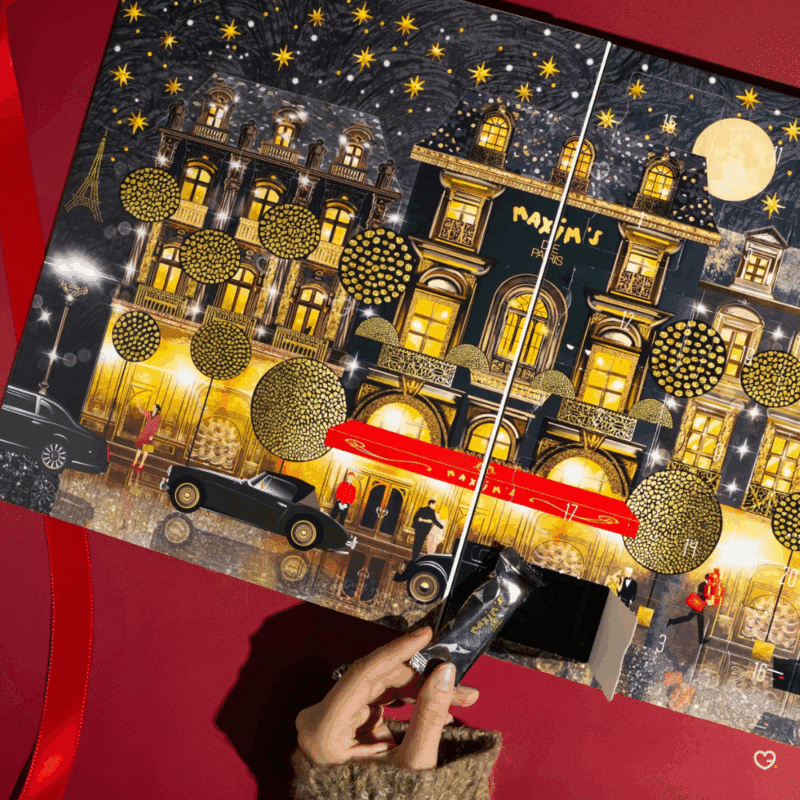 Calendrier de l'Avent maxims 2025 contenant 24 chocolats noirs et au lait déclinés sous différentes formes