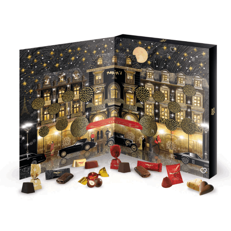 Calendrier de l'Avent maxims 2025 contenant 24 chocolats noirs et au lait déclinés sous différentes formes