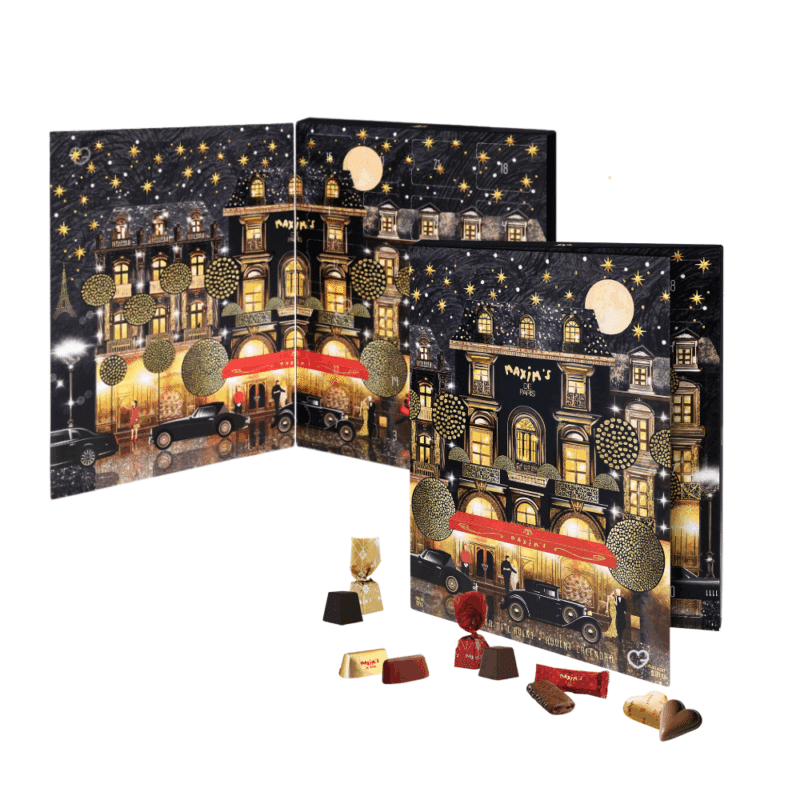 Calendrier de l'Avent maxims 2025 contenant 24 chocolats noirs et au lait déclinés sous différentes formes