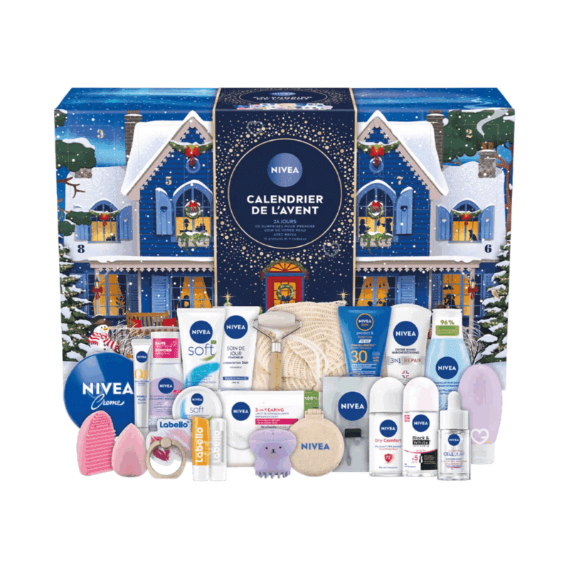 Calendrier de l’Avent Nivea 2025 avec 24 surprises beauté, soins visage, corps et lèvres, accessoires cocooning pour femmes.