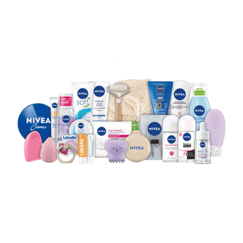 Contenu complet du Calendrier de l’Avent Nivea 2025 avec 24 surprises beauté, soins visage, corps et lèvres, accessoires cocooning pour femmes.