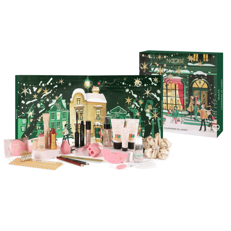 calendrier de l'avent Nocibe 2025 coffret vert avec produits de beauté et accessoires bien etre pour femme