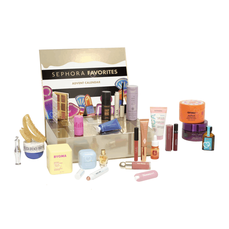 Calendrier de l’Avent Sephora Favorites 2025 avec 24 produits beauté premium maquillage, soins visage, cheveux et accessoires pour femmes.