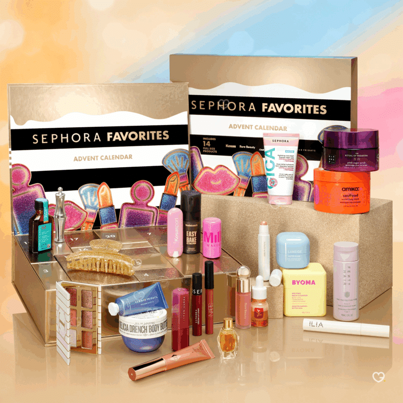 Calendrier de l’Avent Sephora Favorites 2025 avec 24 produits beauté premium maquillage, soins visage, cheveux et accessoires pour femmes.