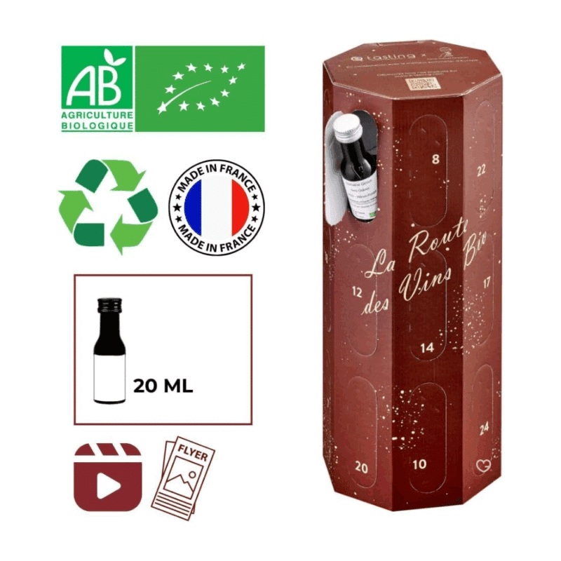 Calendrier de l’Avent Vins Bio 2025 avec 24 vins rouges, blancs et rosés français sélectionnés par le sommelier Nicolas Tacquard, idéal pour amateurs de vin écoresponsables et dégustation