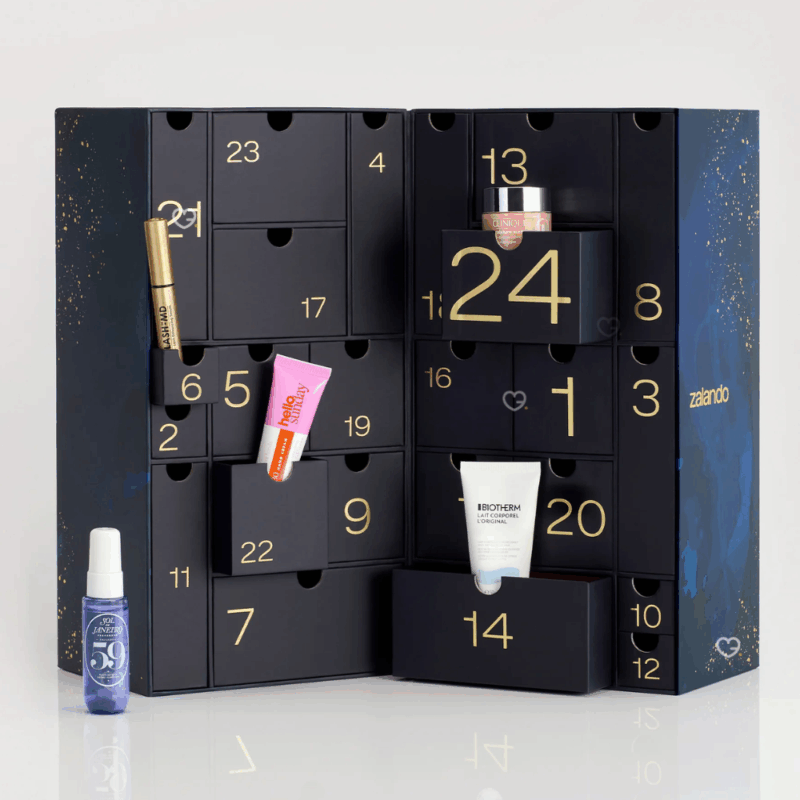 Calendrier de l’Avent Zalando 2025 proposant 24 produits de beauté multimarque : soins visage, corps, maquillage et parfums pour femme