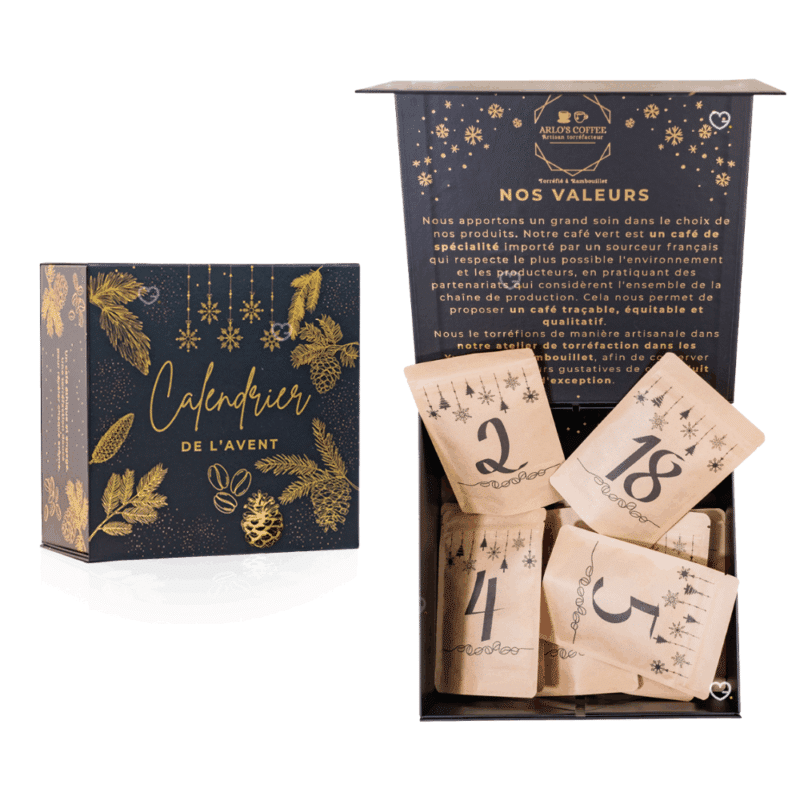 Calendrier de l’Avent Café Artisanal 2025 Arlo's Coffee avec 24 sachets de cafés 100 % Arabica torréfiés en France, idéal pour amateur de cafés.