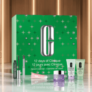 Calendrier de l’Avent Clinique 2025 contenant 12 produits beauté soins visage et maquillage, coffret beauté pour femme